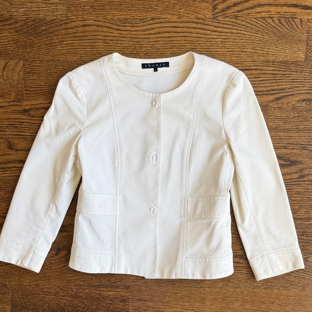 Theory Cream Collarless Button Front Fitted Jacket, 7/8 sleeves